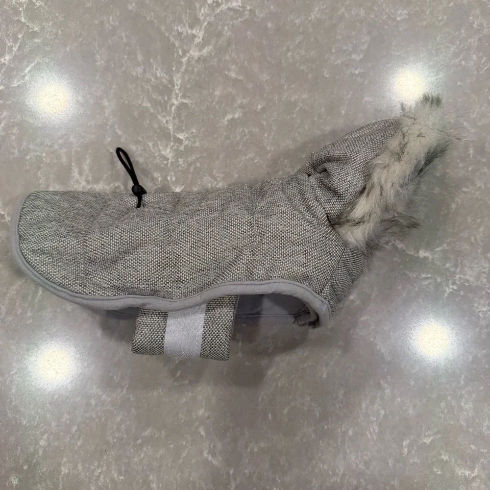 Gray Quilted Dog Winter Coat with Faux Fur Hood Size XS - Picture 2 of 11